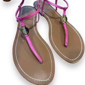 Ralph Lauren Aimon Pink Leather Monogrammed Thong Flat Sandals